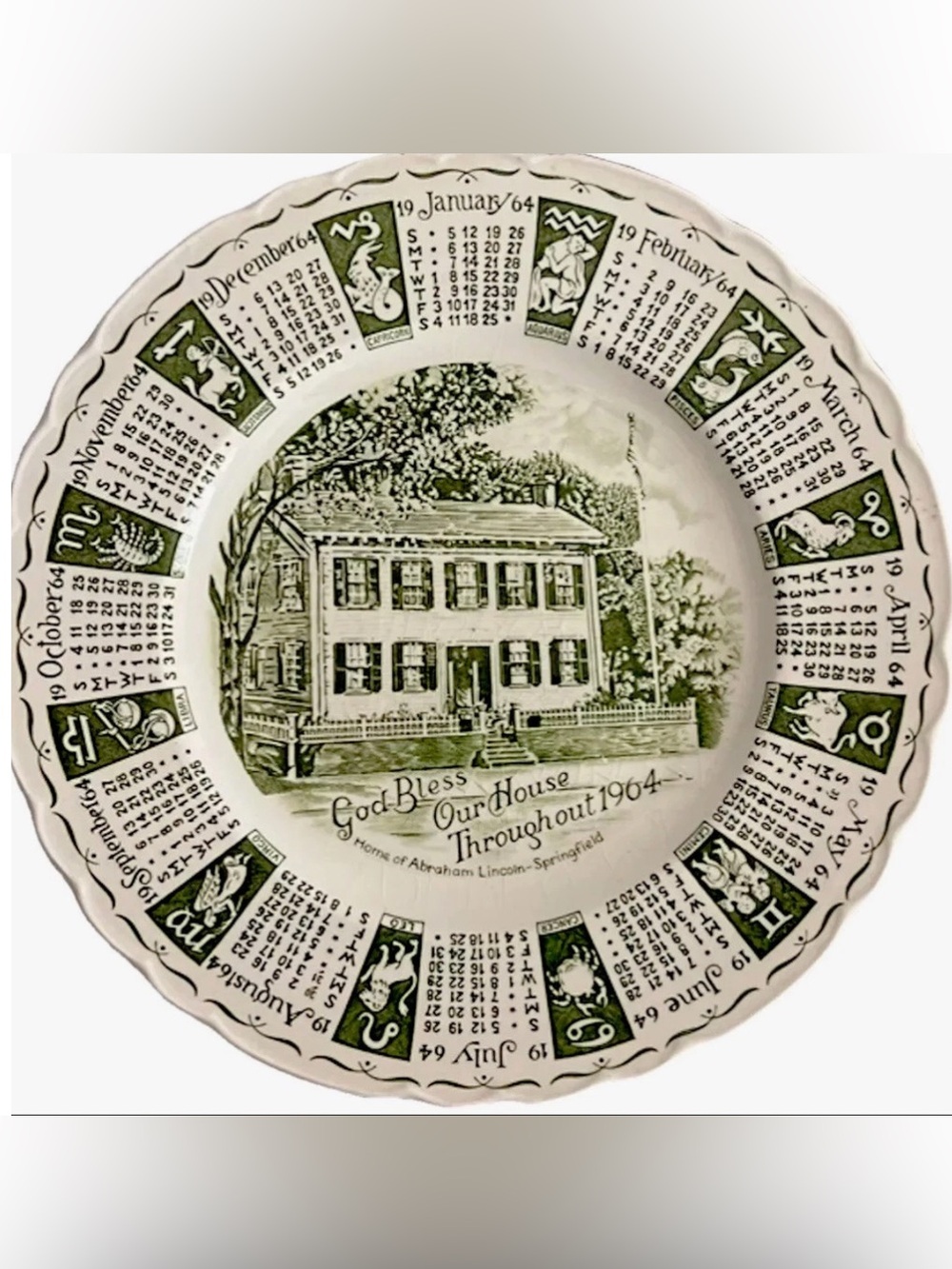 Vintage 1964 Royal Staffordshire Green Transferware Calendar Plate Lincoln House
